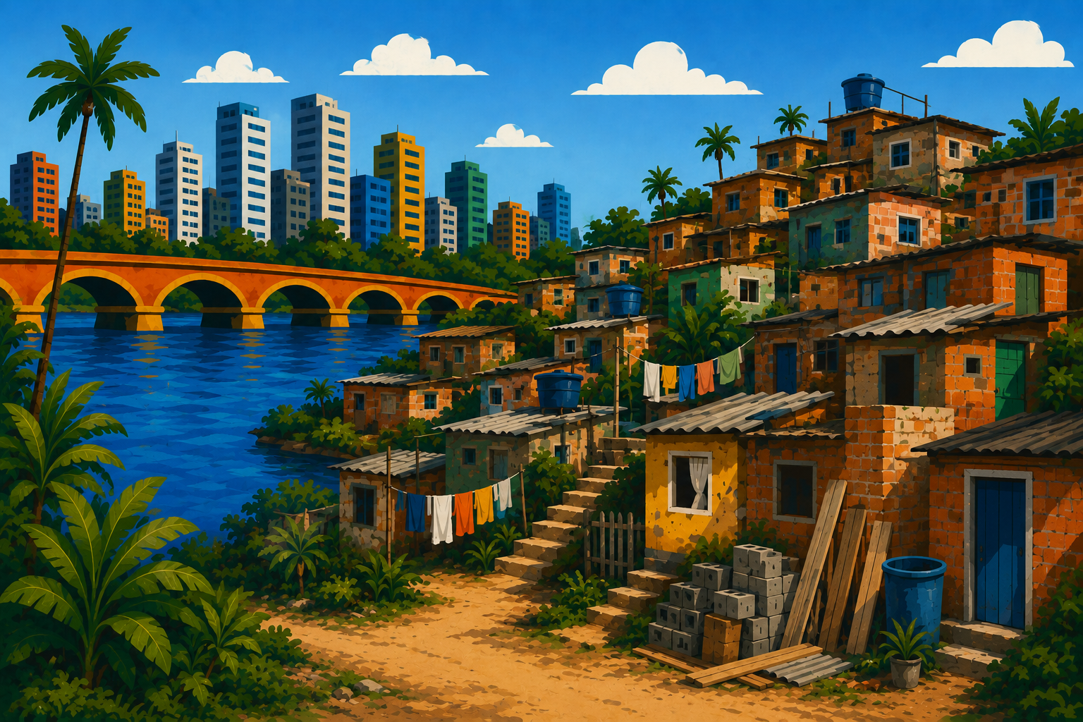 Ilustração representando Vulnerabilidade Habitacional: comunidade às margens do rio, próxima ao centro urbano do Recife